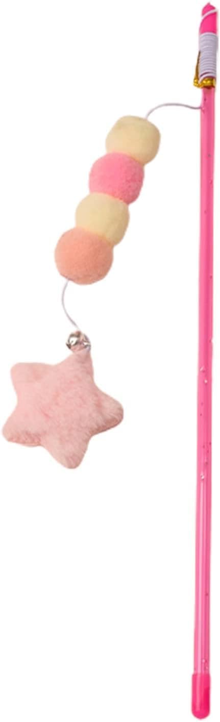Pink Star Cat Teaser Wand | Soft Pom Poms with Bell | Interactive Cat Toy for Indoor Play