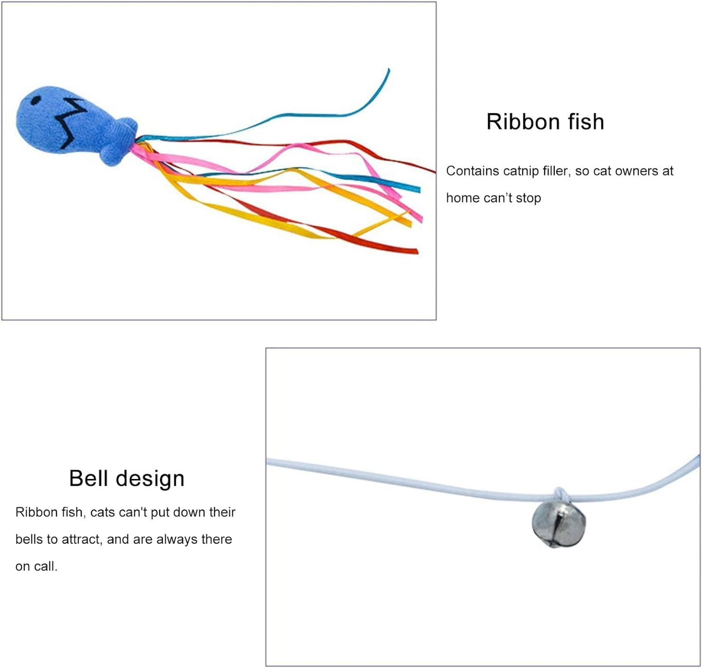 Colorful Fish Cat Teaser Wand with Ribbons and Bell | Interactive Blue Handle Wand Toy for Cats