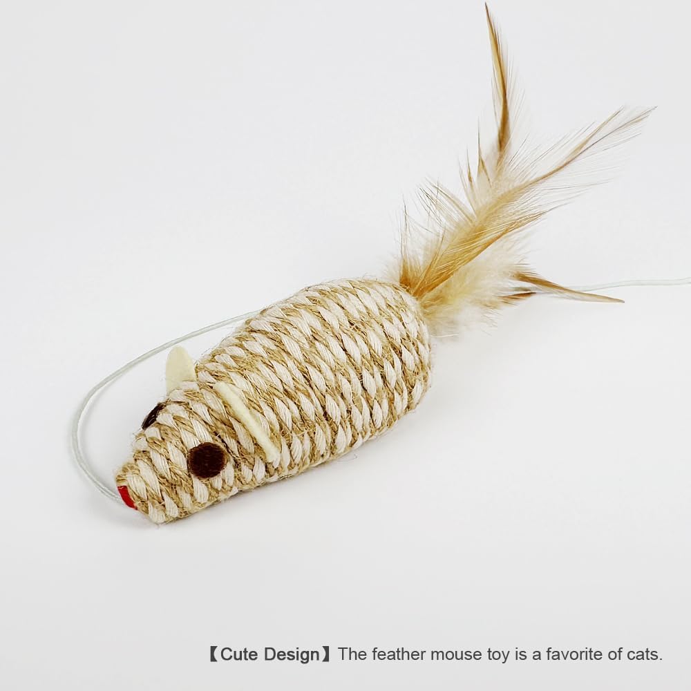 Natural Feather Mouse Cat Teaser Wand | 31.5" Total Length | Wooden Handle & Woven Toy with Elastic Cord