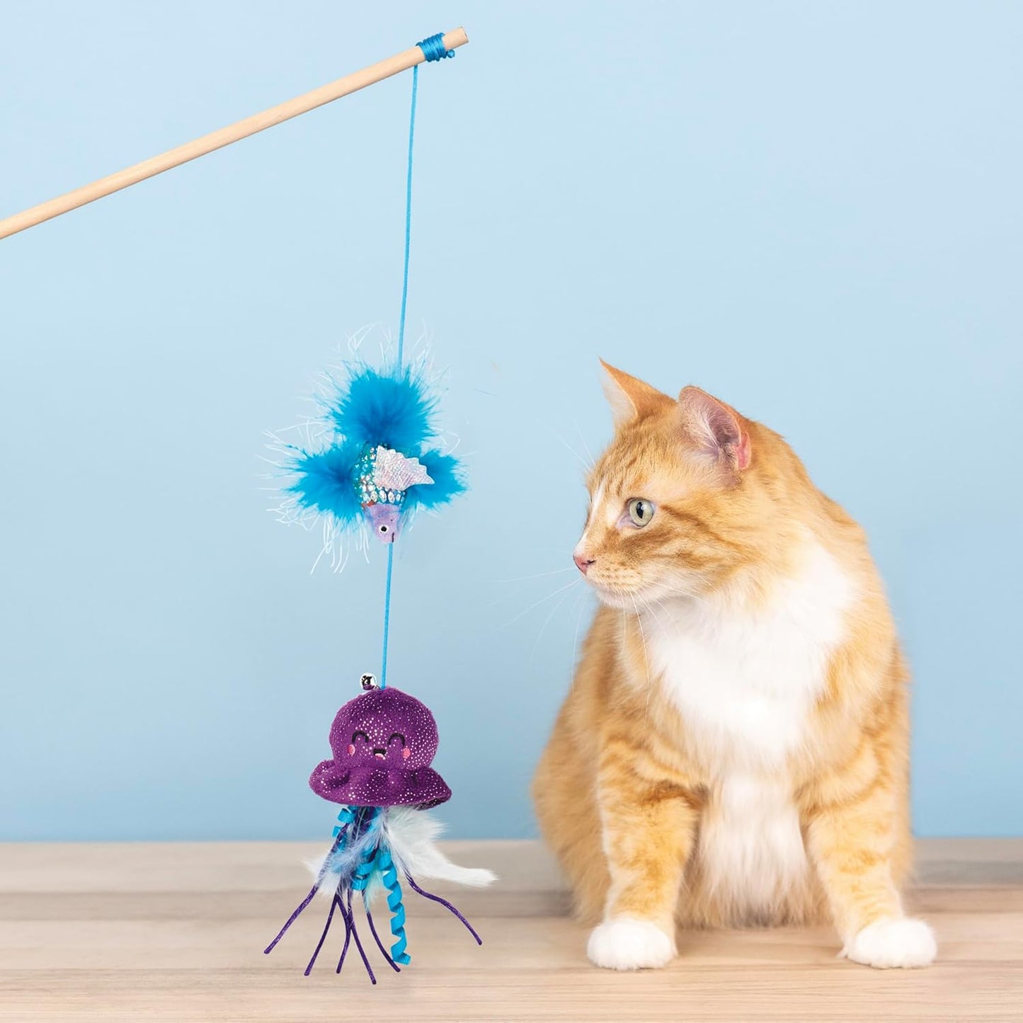 Ocean-Themed Catnip Wand Toy | Dual Plush Toys with Feathers, Bell & Crinkle Paper | Interactive Cat Teaser with Wooden Handle