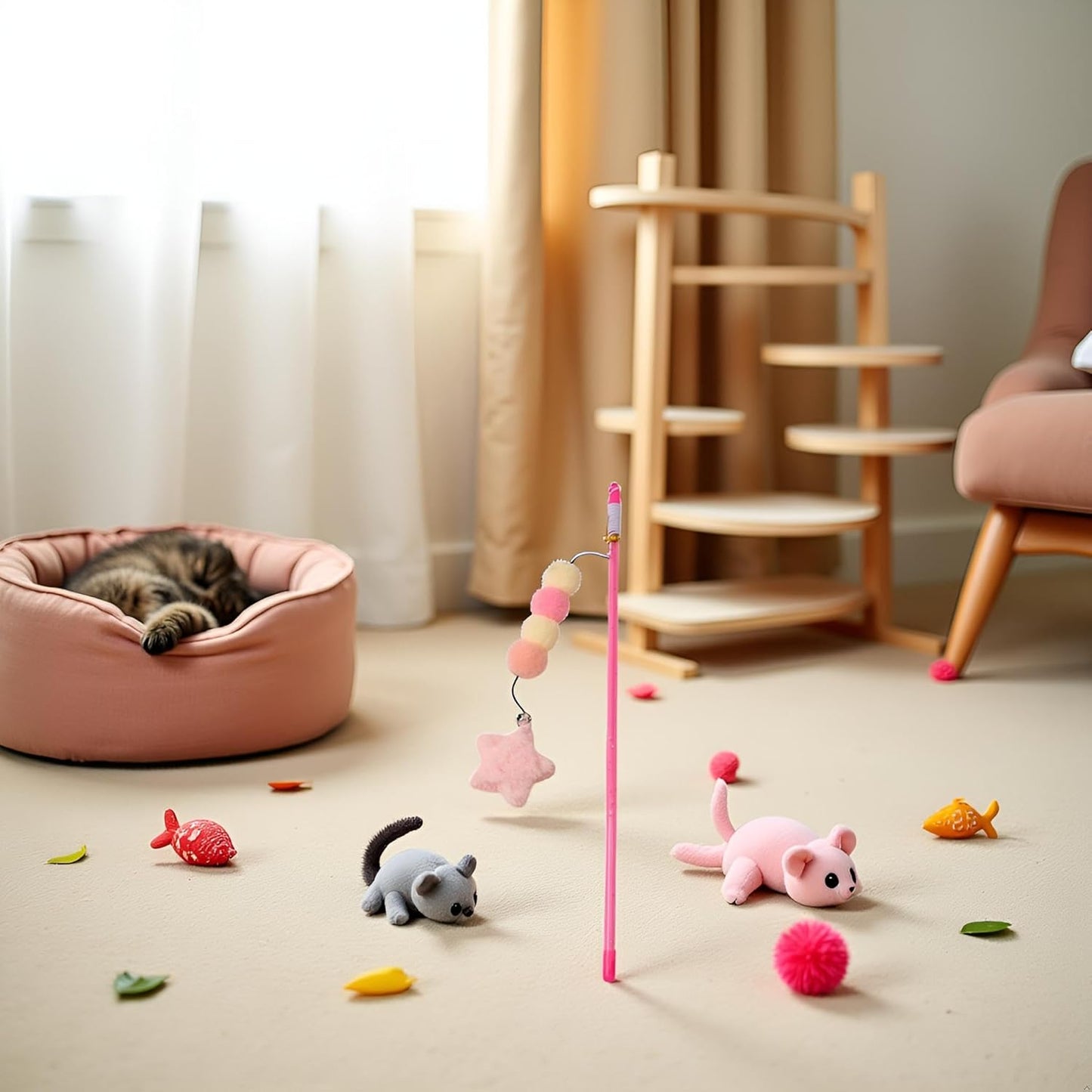 Pink Star Cat Teaser Wand | Soft Pom Poms with Bell | Interactive Cat Toy for Indoor Play