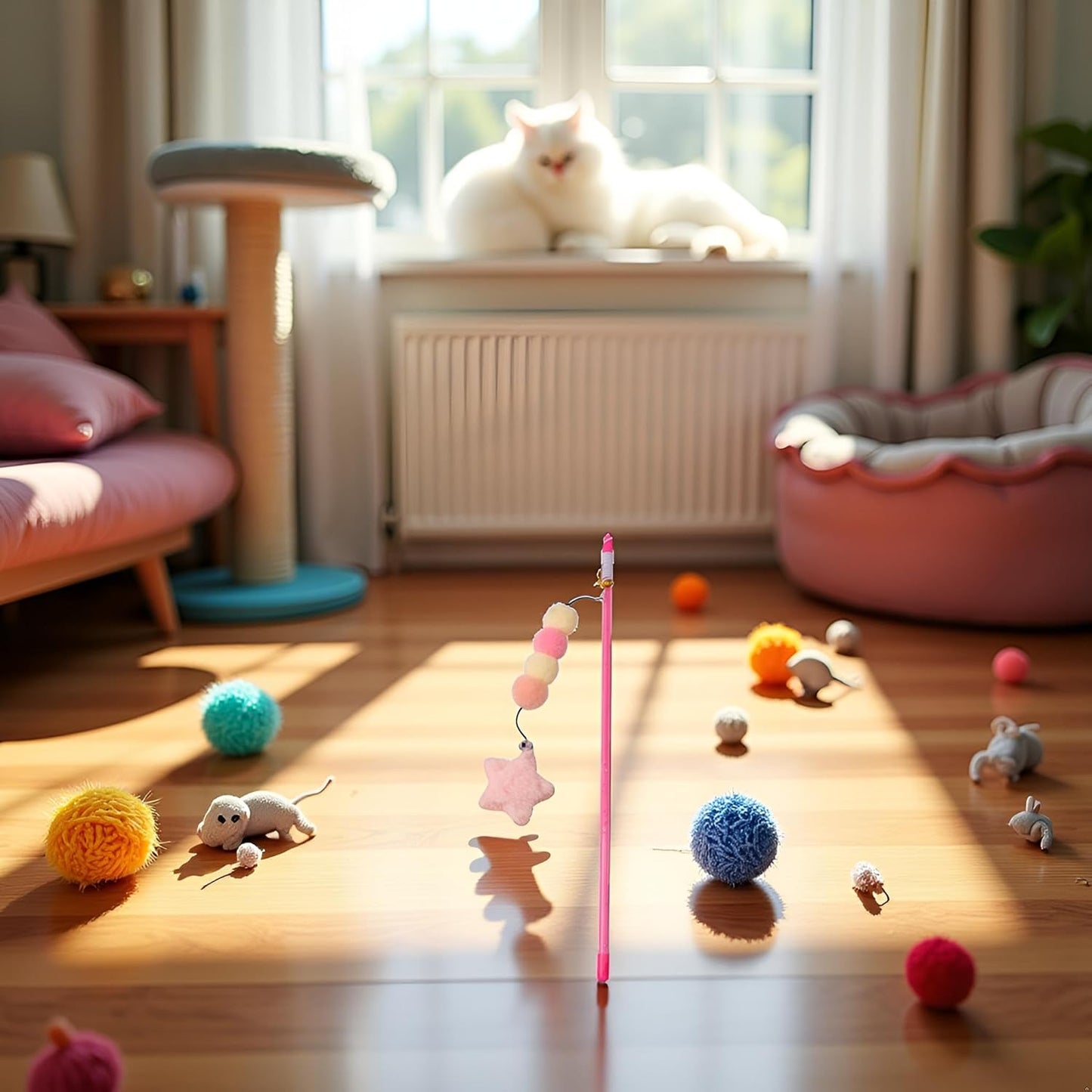 Pink Star Cat Teaser Wand | Soft Pom Poms with Bell | Interactive Cat Toy for Indoor Play