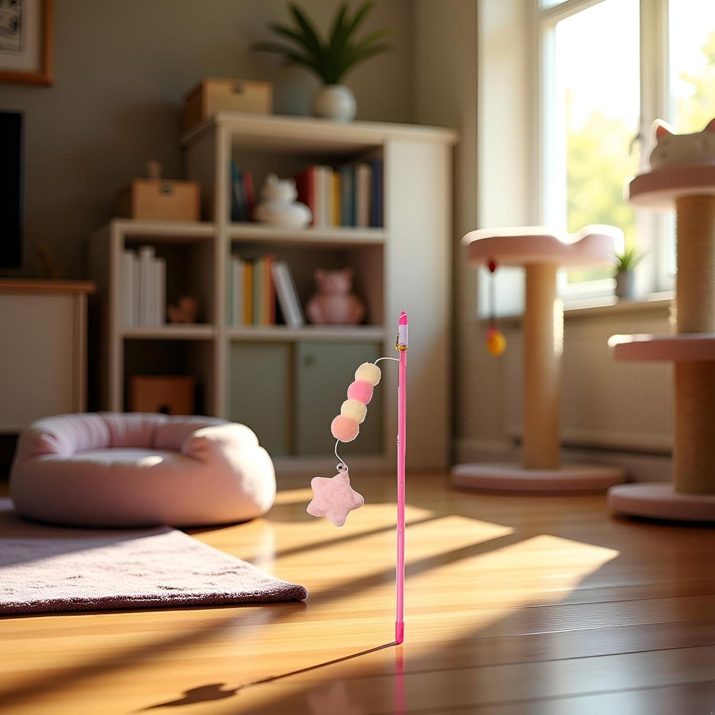 Pink Star Cat Teaser Wand | Soft Pom Poms with Bell | Interactive Cat Toy for Indoor Play
