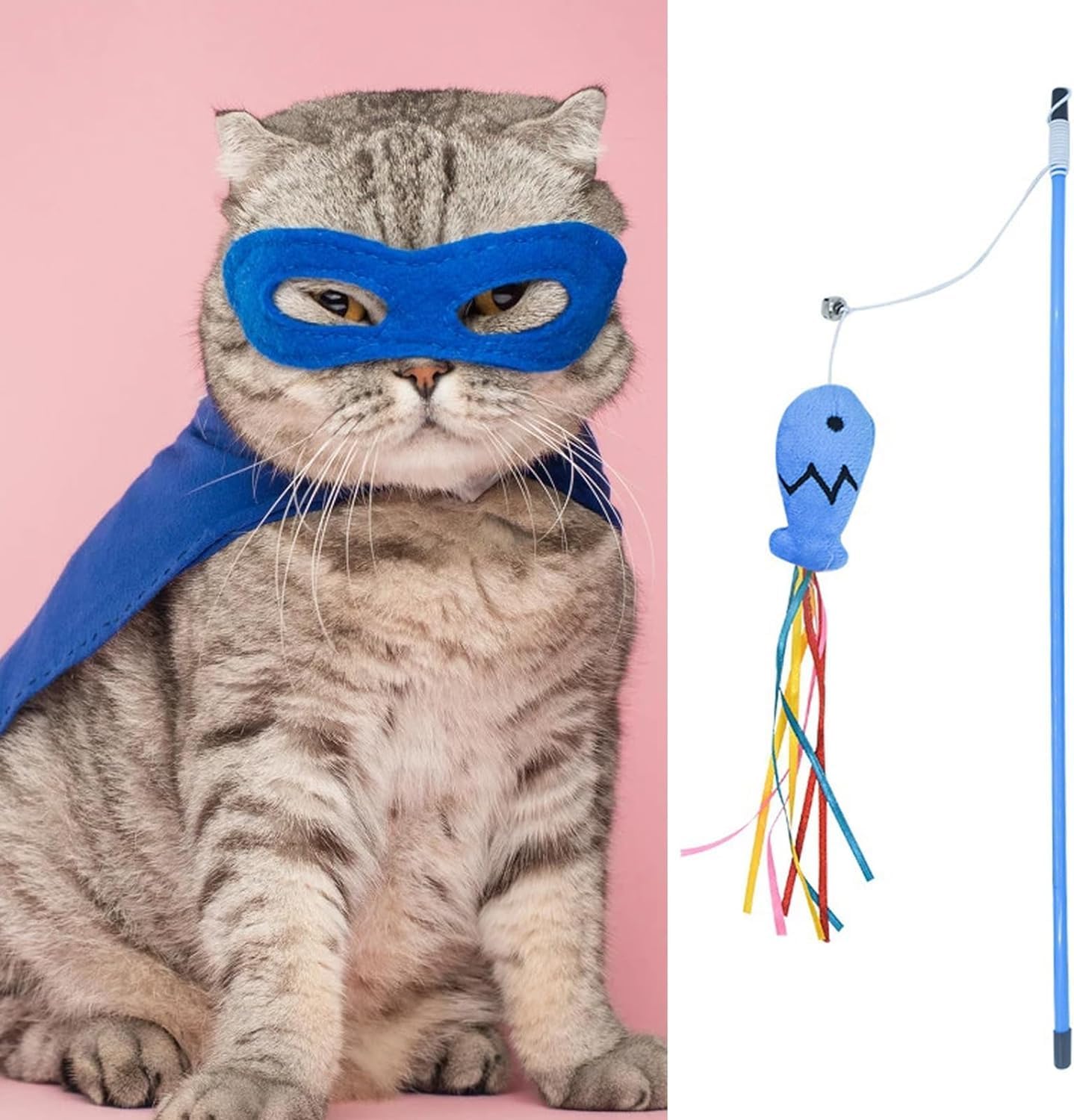 Colorful Fish Cat Teaser Wand with Ribbons and Bell | Interactive Blue Handle Wand Toy for Cats