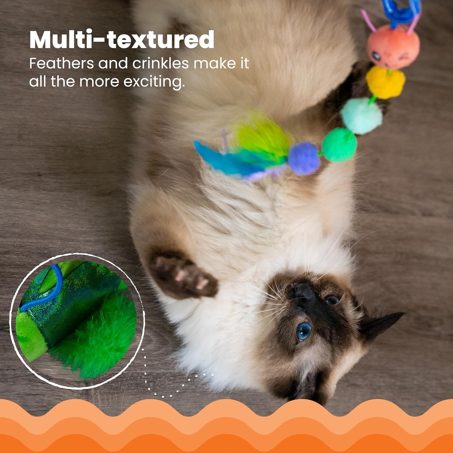 Colorful Caterpillar Cat Teaser Wand | 17.5" Interactive Cat Wand Toy with Plush Balls & Feathers | Lightweight & Fun for Indoor Play
