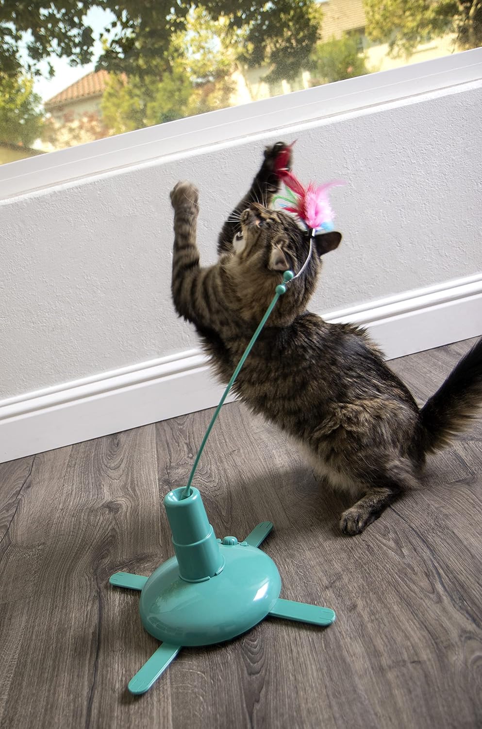 Automatic Spinning Cat Teaser Toy with Feather Wand | 7" Base, 14.75" Tall | Battery-Powered Interactive Play for Cats