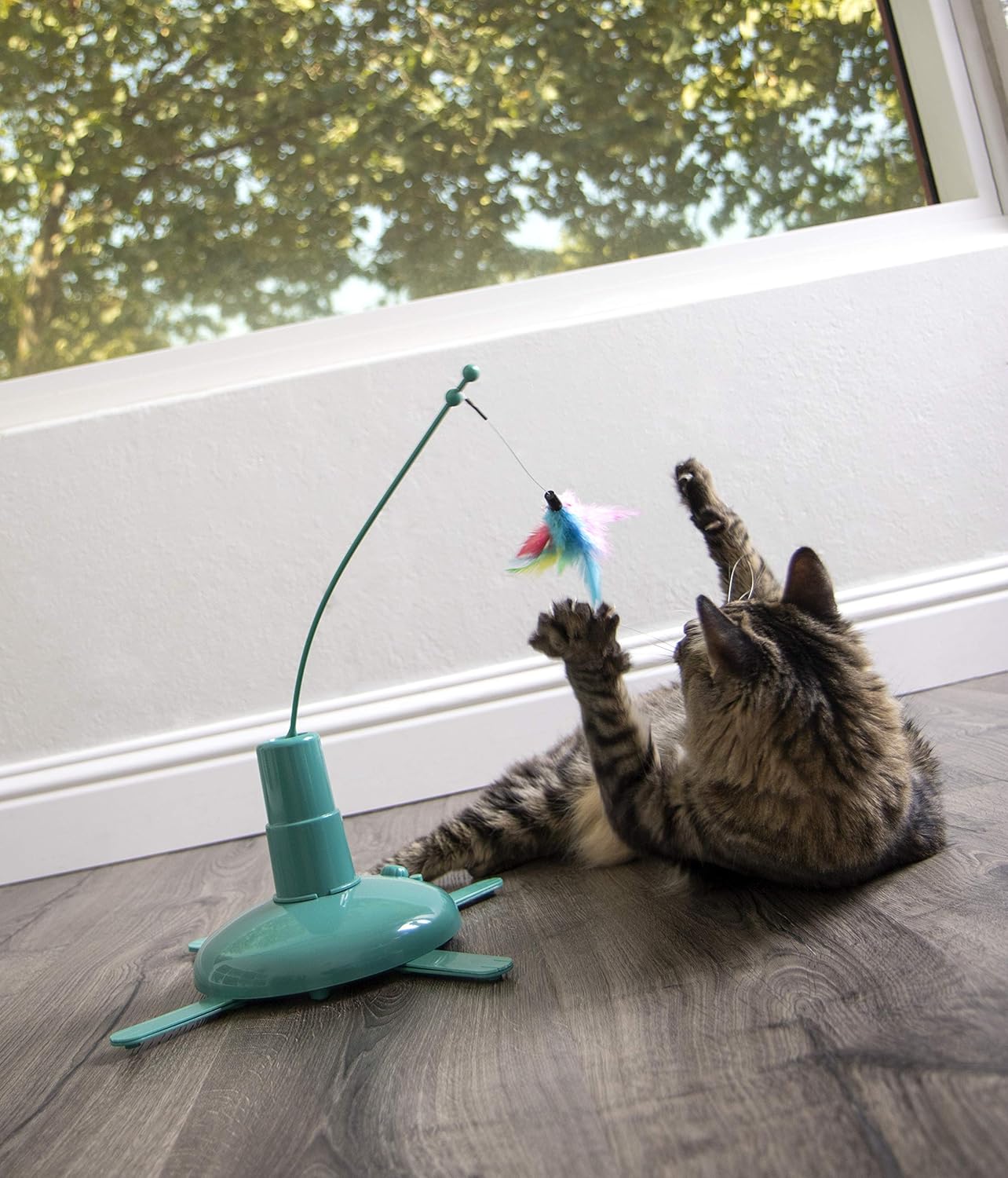 Automatic Spinning Cat Teaser Toy with Feather Wand | 7" Base, 14.75" Tall | Battery-Powered Interactive Play for Cats
