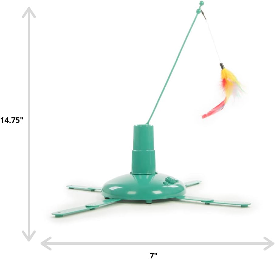 Automatic Spinning Cat Teaser Toy with Feather Wand | 7" Base, 14.75" Tall | Battery-Powered Interactive Play for Cats