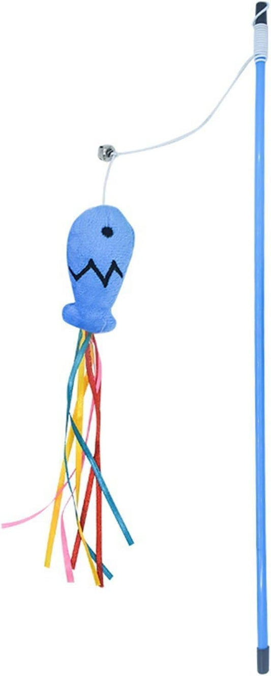 Colorful Fish Cat Teaser Wand with Ribbons and Bell | Interactive Blue Handle Wand Toy for Cats