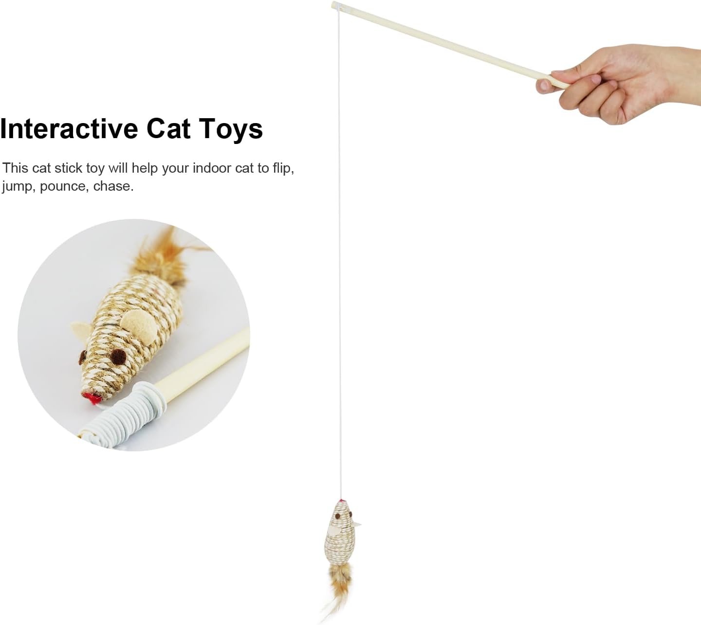 Natural Feather Mouse Cat Teaser Wand | 31.5" Total Length | Wooden Handle & Woven Toy with Elastic Cord