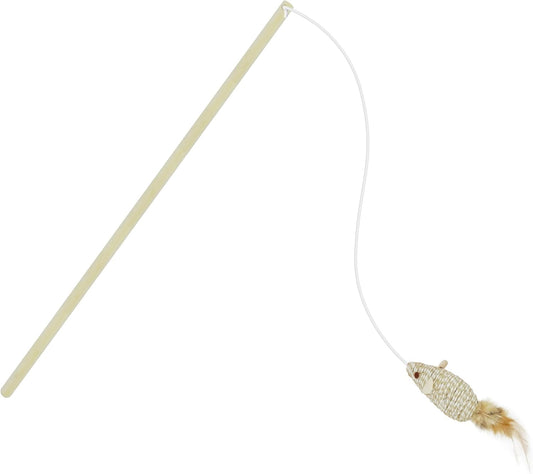 Natural Feather Mouse Cat Teaser Wand | 31.5" Total Length | Wooden Handle & Woven Toy with Elastic Cord