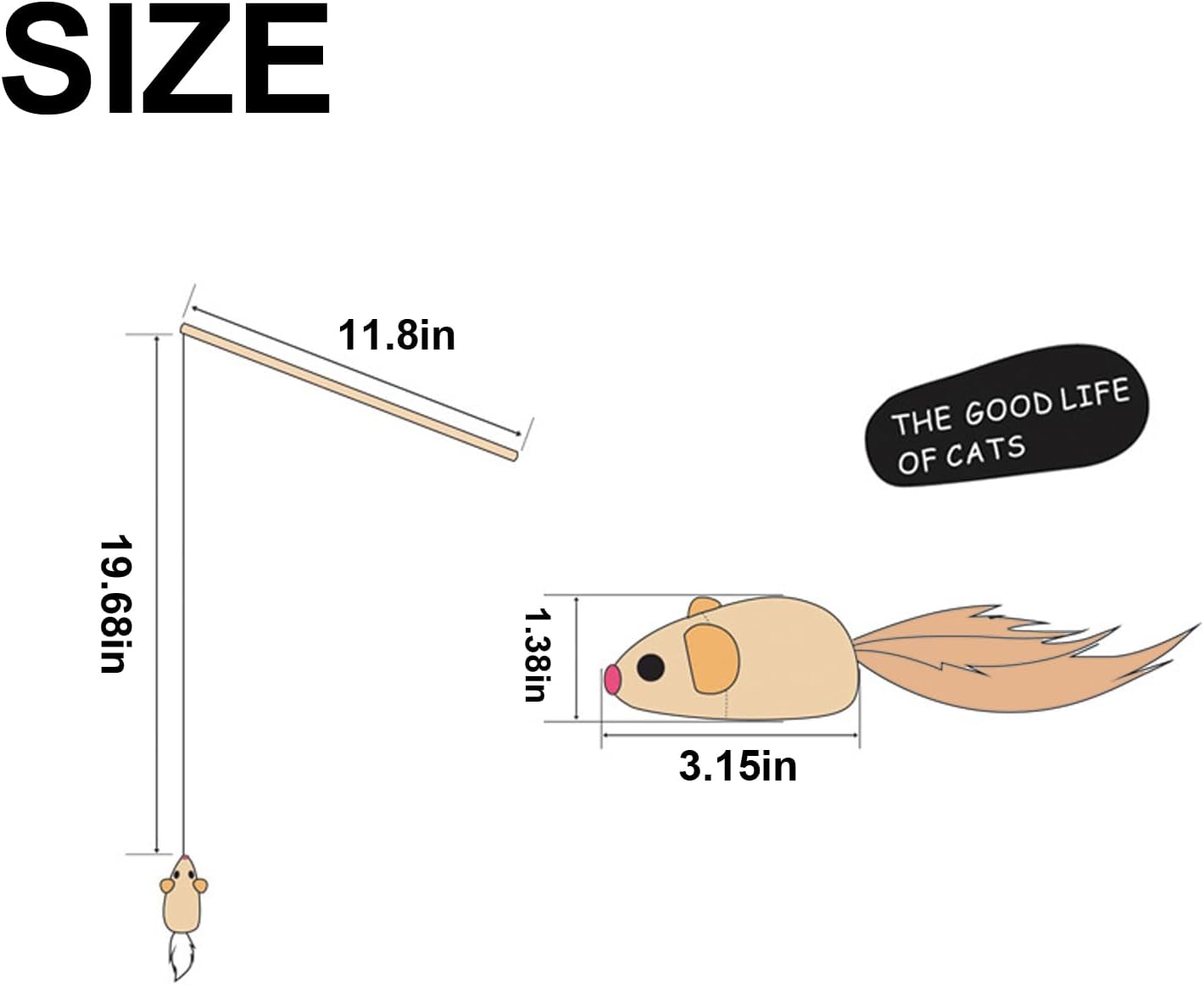 Natural Feather Mouse Cat Teaser Wand | 31.5" Total Length | Wooden Handle & Woven Toy with Elastic Cord