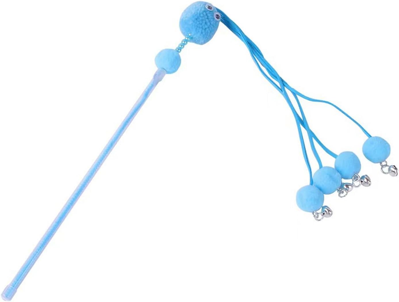 Interactive Cat Wand Toy – Blue Pom-Pom with Bells, Teaser Rod with Elastic Strings and Soft Plush Balls