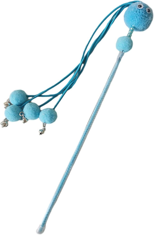 Interactive Cat Wand Toy – Blue Pom-Pom with Bells, Teaser Rod with Elastic Strings and Soft Plush Balls