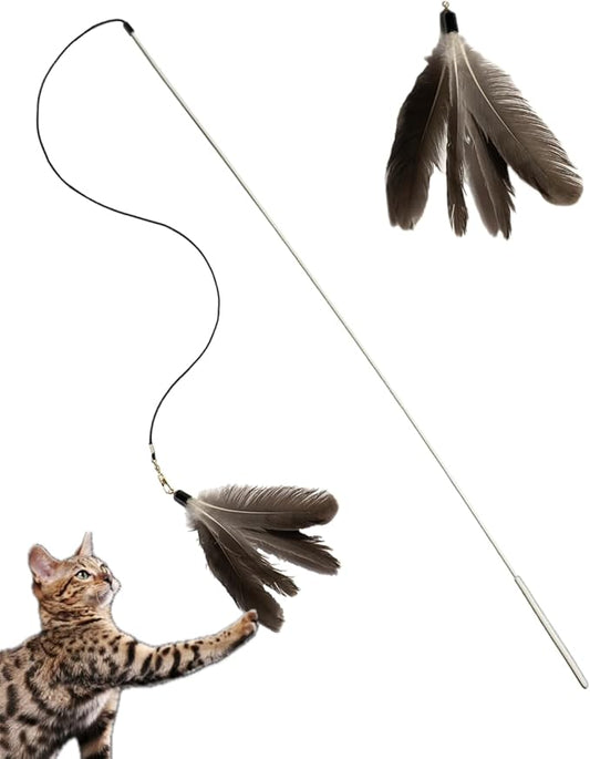 35-Inch Long Cat Teaser Wand with Feather Toy | Elastic Cord | Replaceable Feather Attachment | Extended Reach for Interactive Play