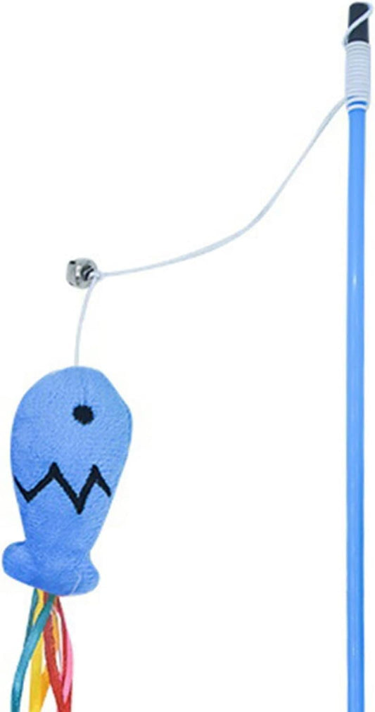 Colorful Fish Cat Teaser Wand with Ribbons and Bell | Interactive Blue Handle Wand Toy for Cats