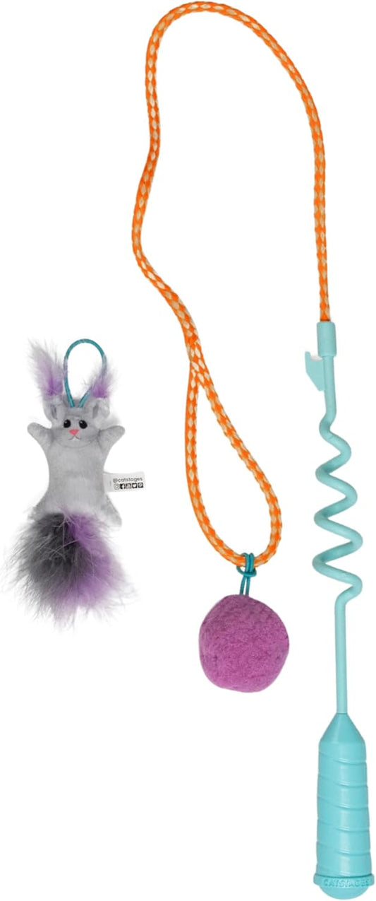 Mini Cat Teaser Wand with Spiral Handle | 15.2" Compact Size | Includes Plush Ball & Feather Mouse | Interactive Toy for Cats
