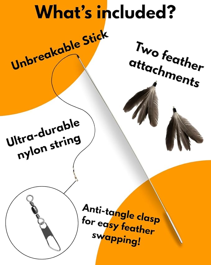 35-Inch Long Cat Teaser Wand with Feather Toy | Elastic Cord | Replaceable Feather Attachment | Extended Reach for Interactive Play