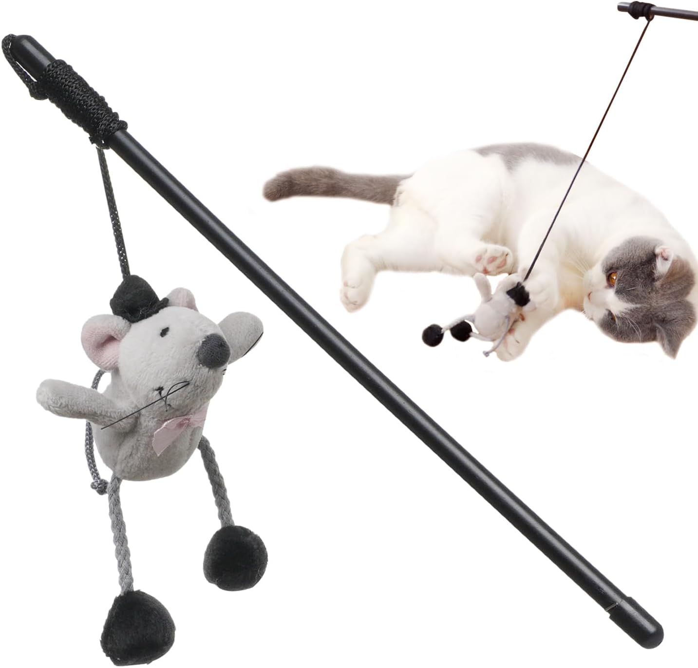 Interactive Cat Wand Toy with Plush Mouse – Teaser Toy with Hanging Rope for Indoor Cat Play and Exercise