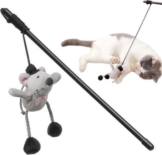 Interactive Cat Wand Toy with Plush Mouse – Teaser Toy with Hanging Rope for Indoor Cat Play and Exercise