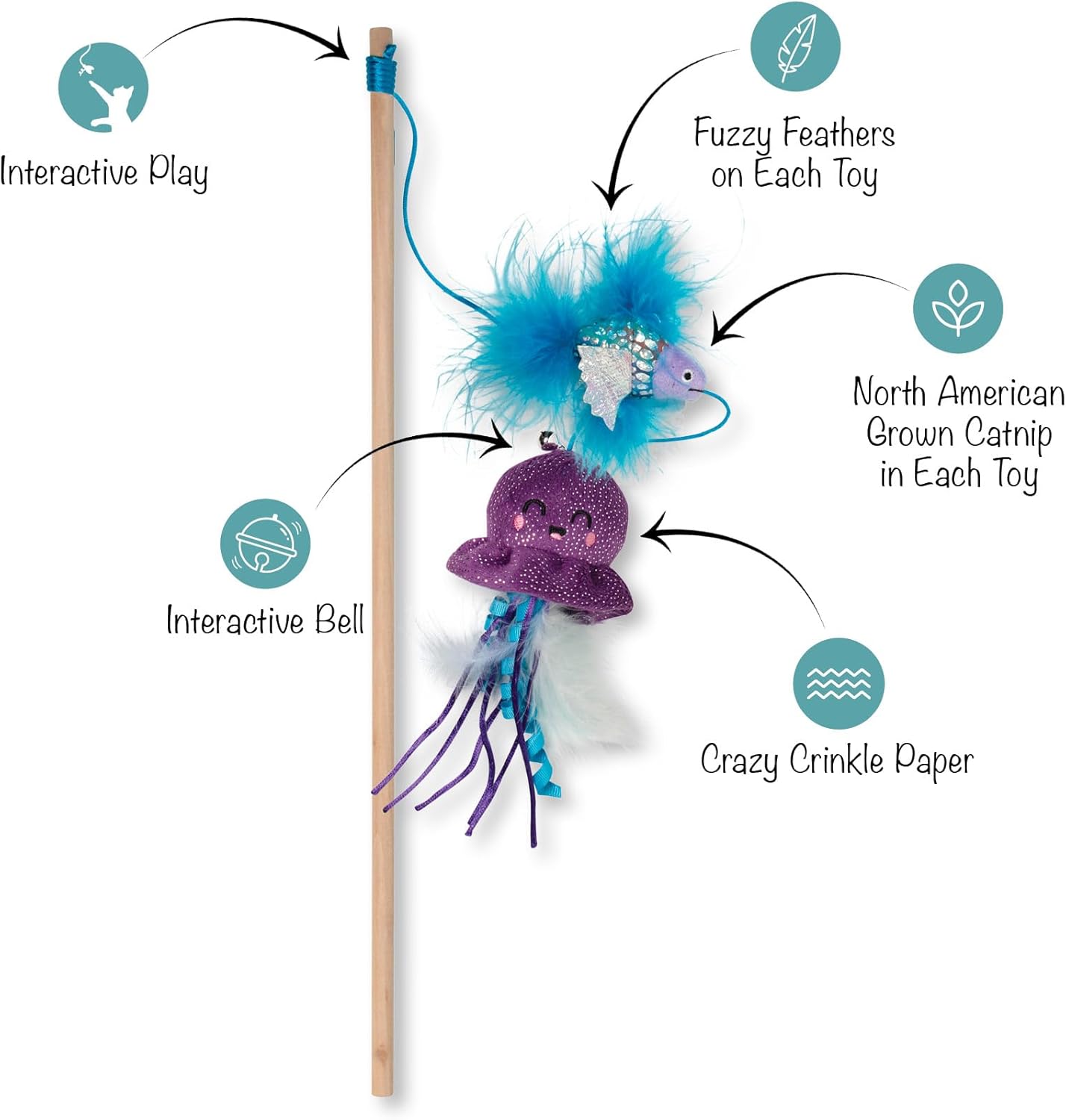 Ocean-Themed Catnip Wand Toy | Dual Plush Toys with Feathers, Bell & Crinkle Paper | Interactive Cat Teaser with Wooden Handle