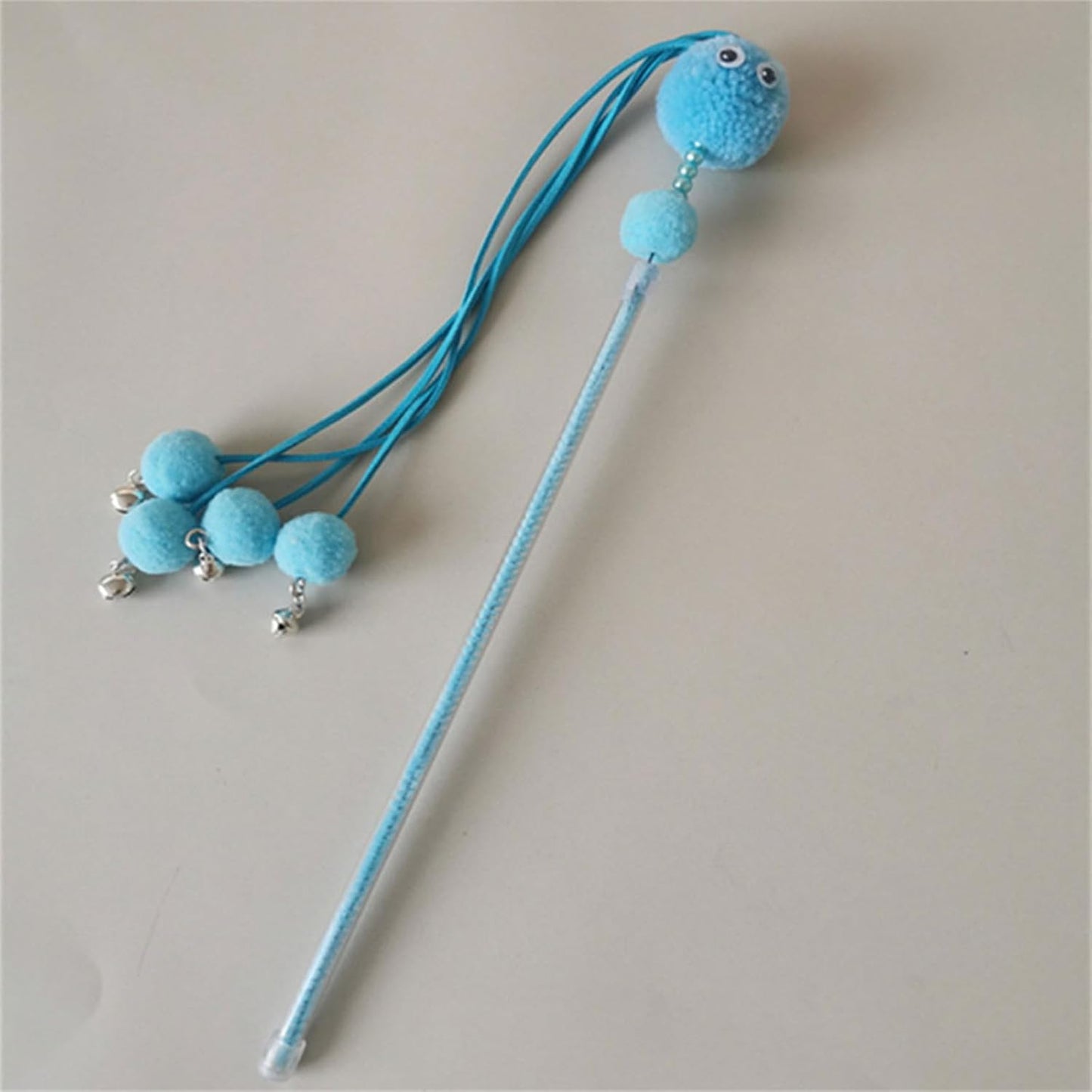Interactive Cat Wand Toy – Blue Pom-Pom with Bells, Teaser Rod with Elastic Strings and Soft Plush Balls