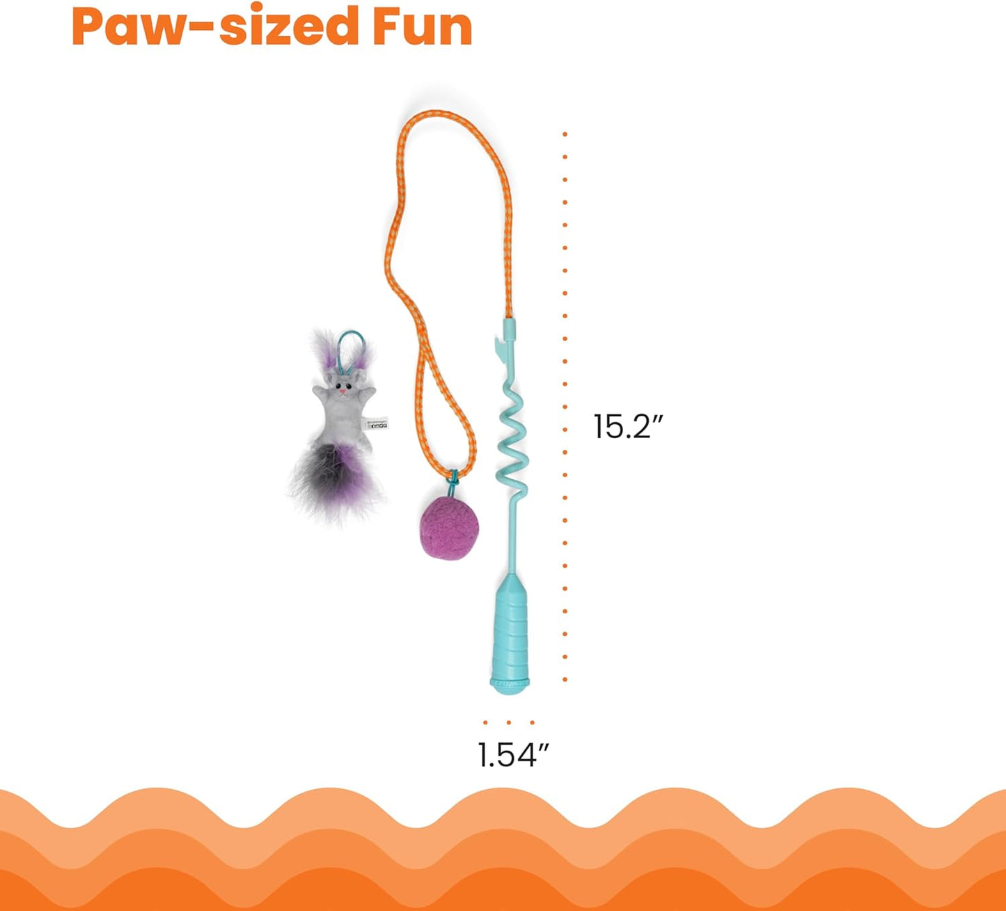 Mini Cat Teaser Wand with Spiral Handle | 15.2" Compact Size | Includes Plush Ball & Feather Mouse | Interactive Toy for Cats
