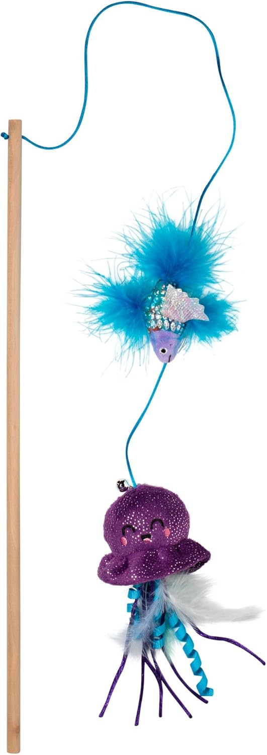 Ocean-Themed Catnip Wand Toy | Dual Plush Toys with Feathers, Bell & Crinkle Paper | Interactive Cat Teaser with Wooden Handle