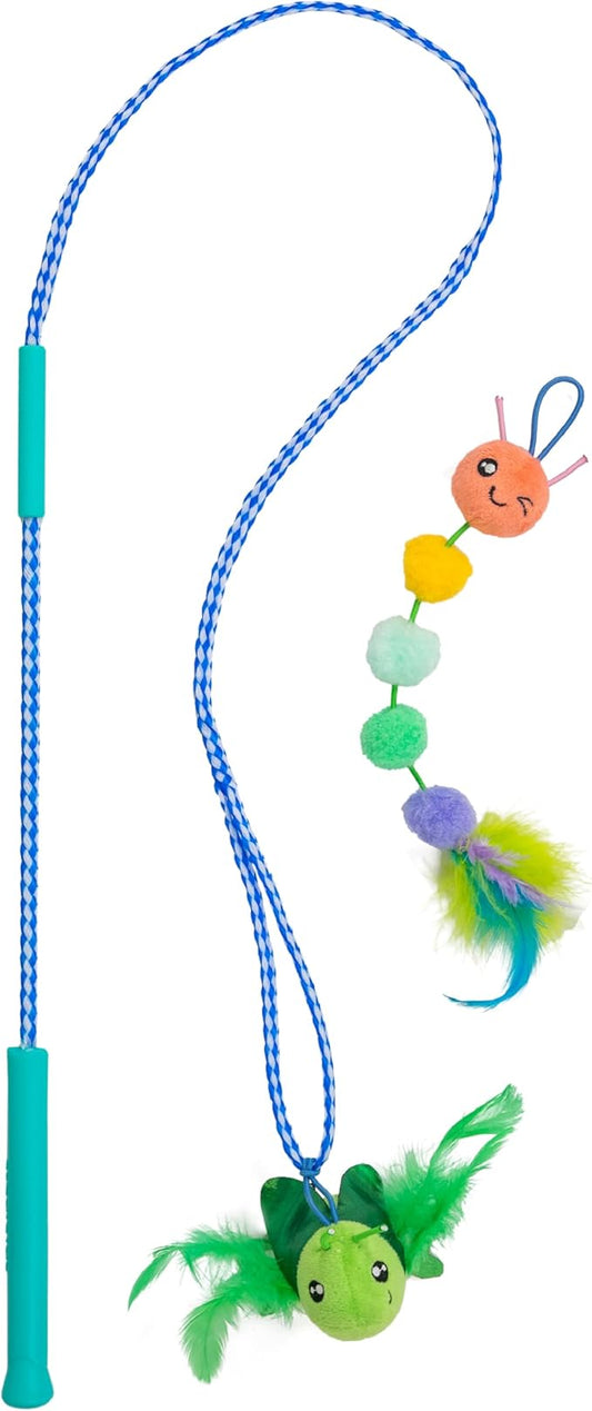 Colorful Caterpillar Cat Teaser Wand | 17.5" Interactive Cat Wand Toy with Plush Balls & Feathers | Lightweight & Fun for Indoor Play