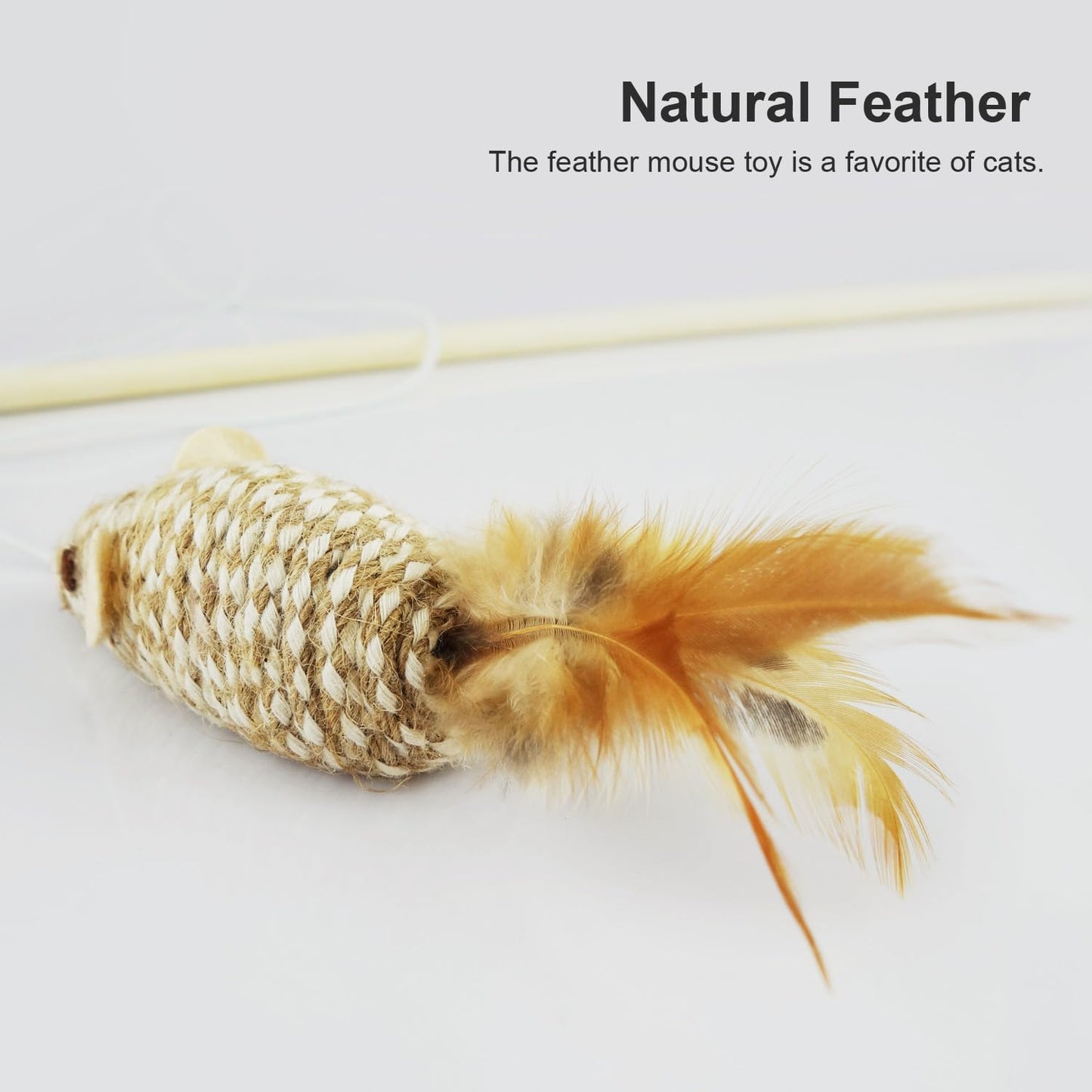 Natural Feather Mouse Cat Teaser Wand | 31.5" Total Length | Wooden Handle & Woven Toy with Elastic Cord