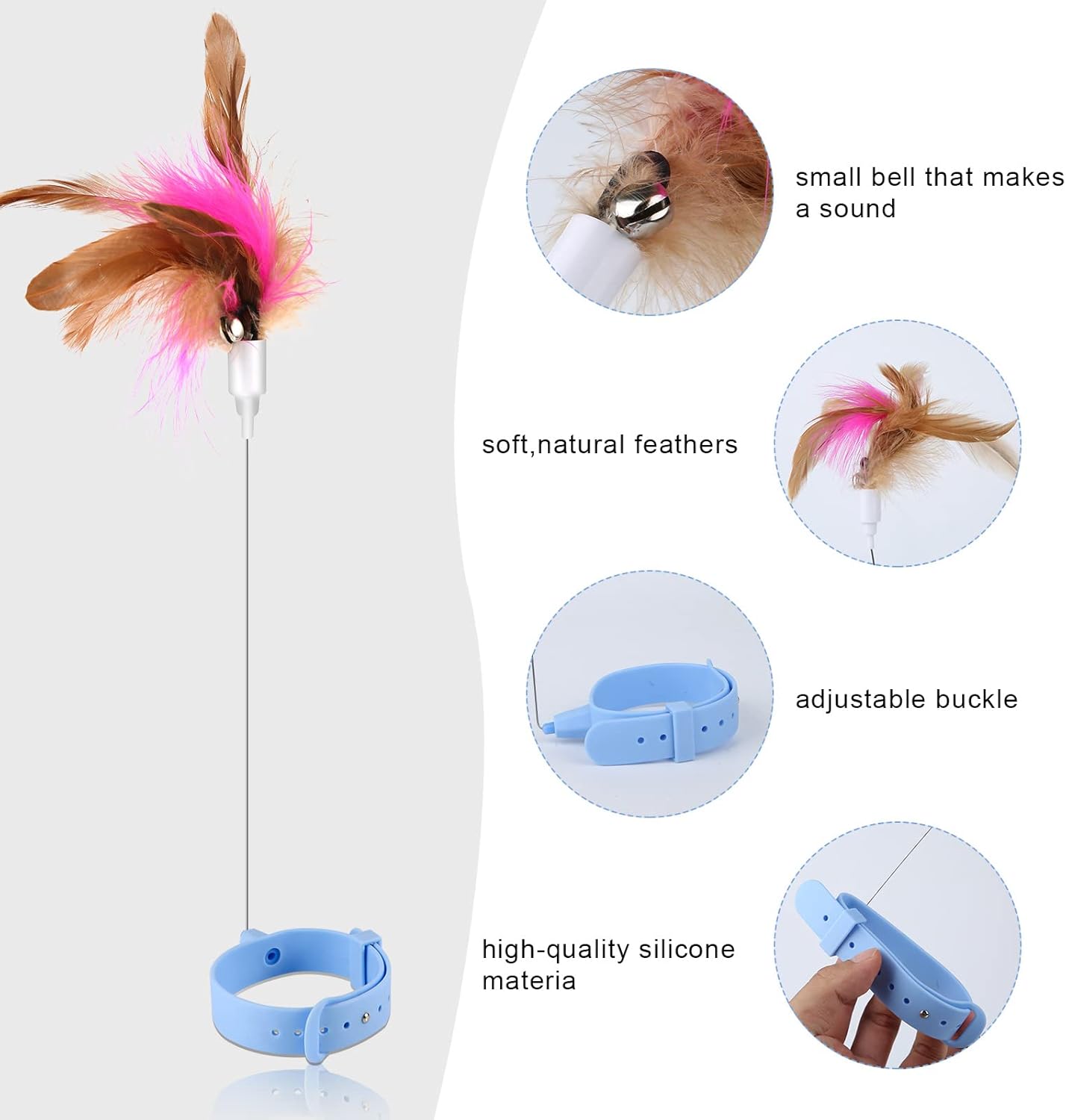 Wearable Feather Cat Teaser Wand with Bell | Adjustable Silicone Wrist Strap | Hands-Free Interactive Toy for Cats