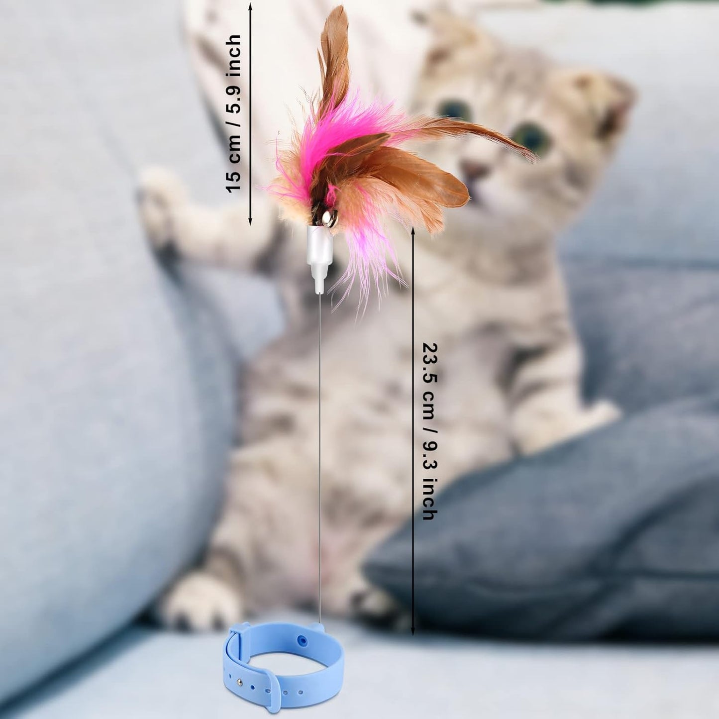 Wearable Feather Cat Teaser Wand with Bell | Adjustable Silicone Wrist Strap | Hands-Free Interactive Toy for Cats