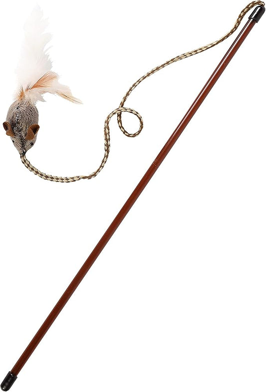 Interactive Cat Teaser Wand with Feather Mouse | Wooden-Style Handle & Braided Rope | Durable & Lightweight Toy for Indoor Play & Training