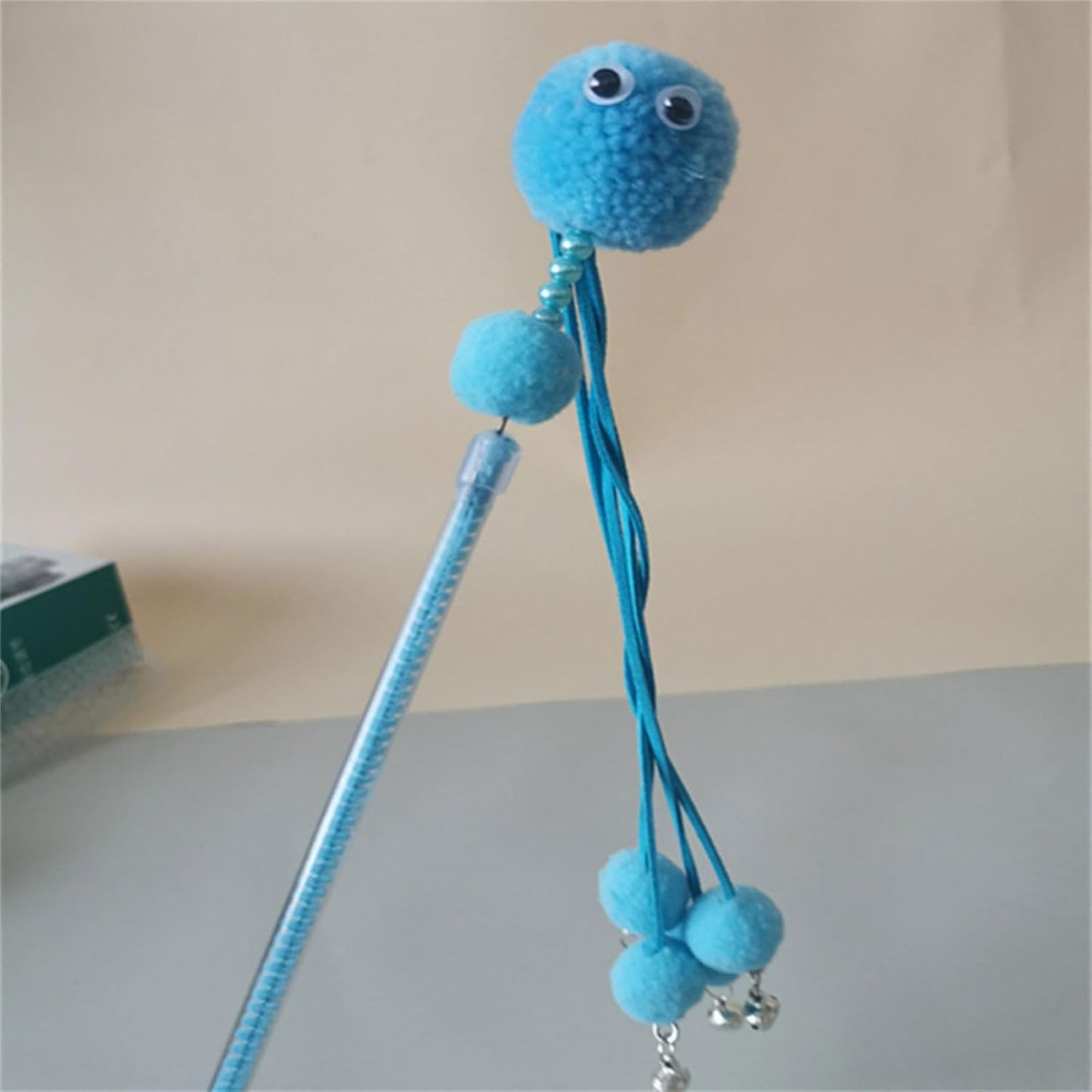 Interactive Cat Wand Toy – Blue Pom-Pom with Bells, Teaser Rod with Elastic Strings and Soft Plush Balls