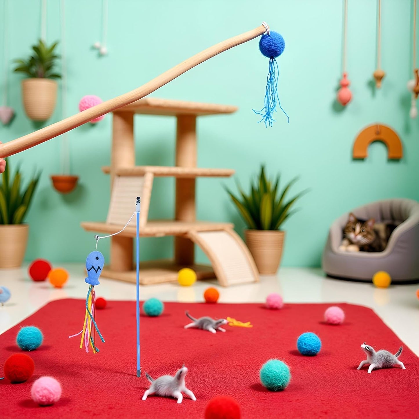 Colorful Fish Cat Teaser Wand with Ribbons and Bell | Interactive Blue Handle Wand Toy for Cats
