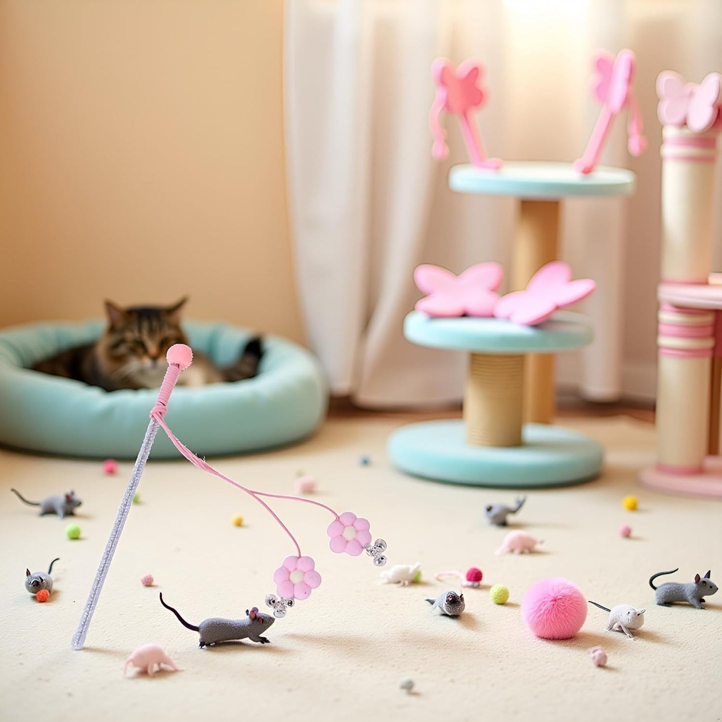 Pink Flower Cat Teaser Wand with Bells | Glitter Wand Toy for Interactive Play | Lightweight, Cute & Engaging