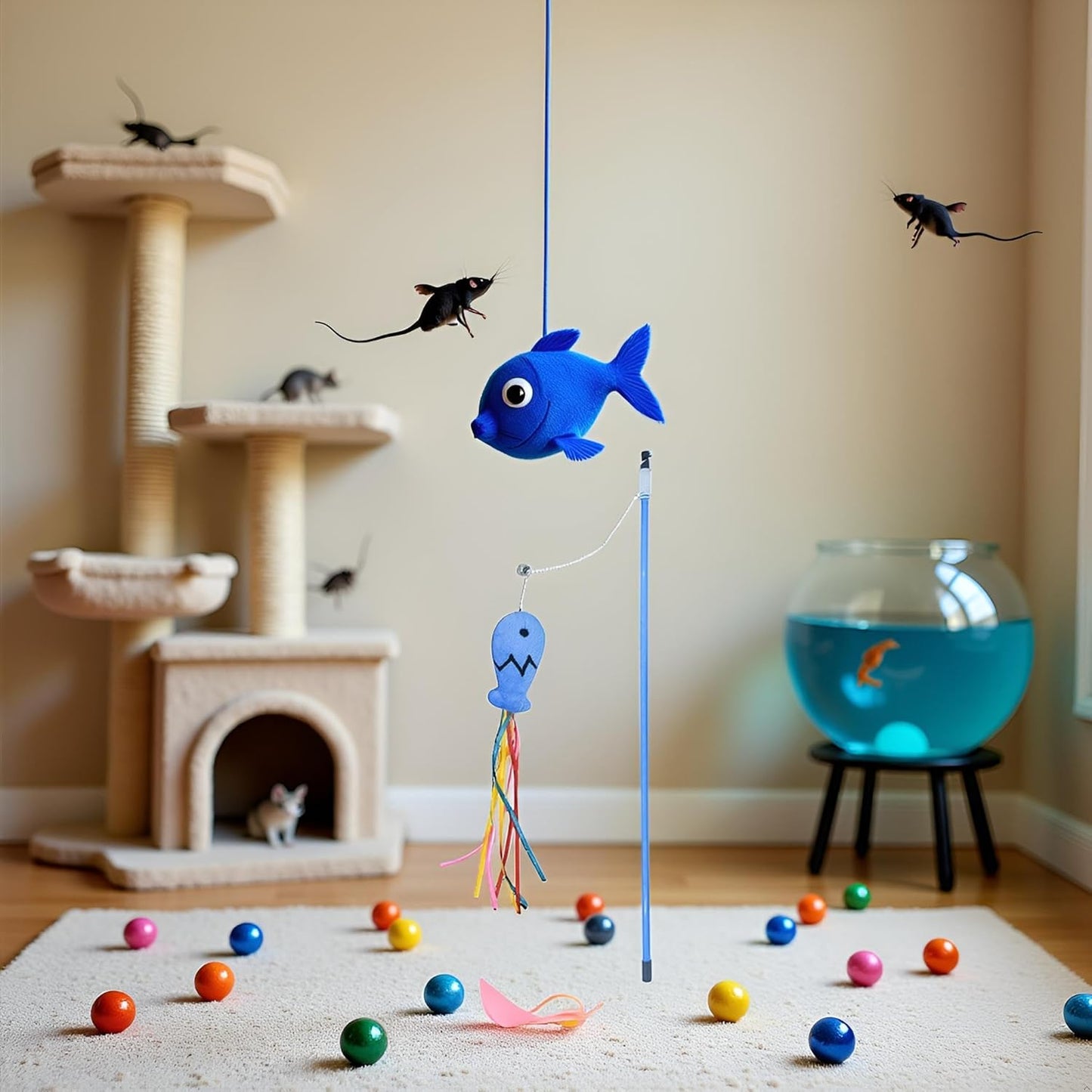 Colorful Fish Cat Teaser Wand with Ribbons and Bell | Interactive Blue Handle Wand Toy for Cats