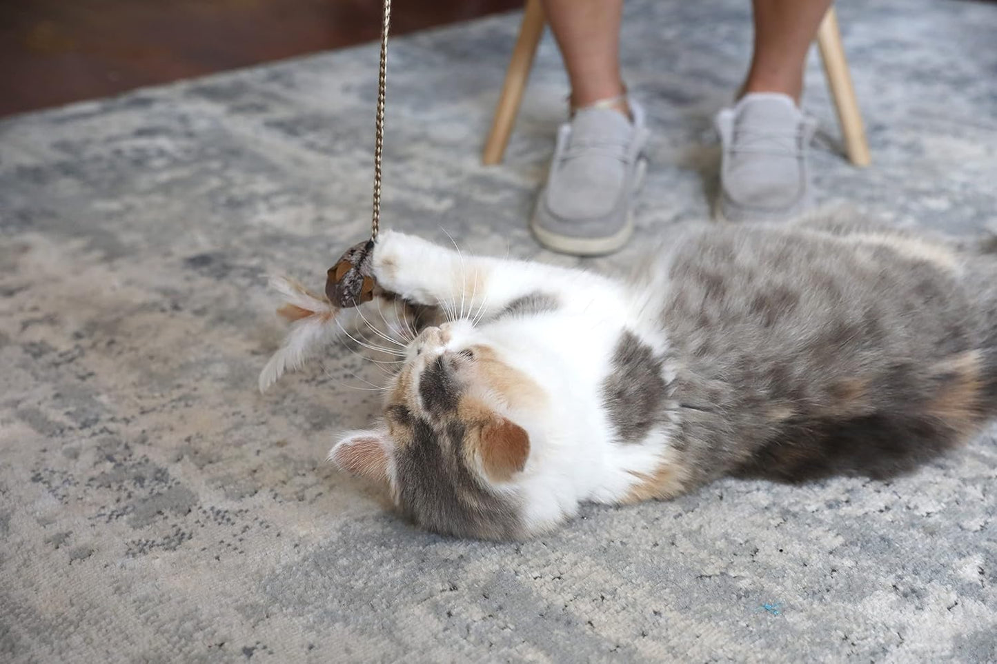 Interactive Cat Teaser Wand with Feather Mouse | Wooden-Style Handle & Braided Rope | Durable & Lightweight Toy for Indoor Play & Training
