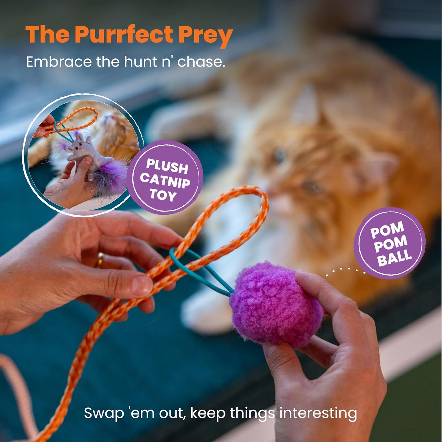 Mini Cat Teaser Wand with Spiral Handle | 15.2" Compact Size | Includes Plush Ball & Feather Mouse | Interactive Toy for Cats