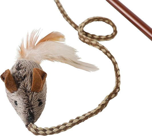 Interactive Cat Teaser Wand with Feather Mouse | Wooden-Style Handle & Braided Rope | Durable & Lightweight Toy for Indoor Play & Training