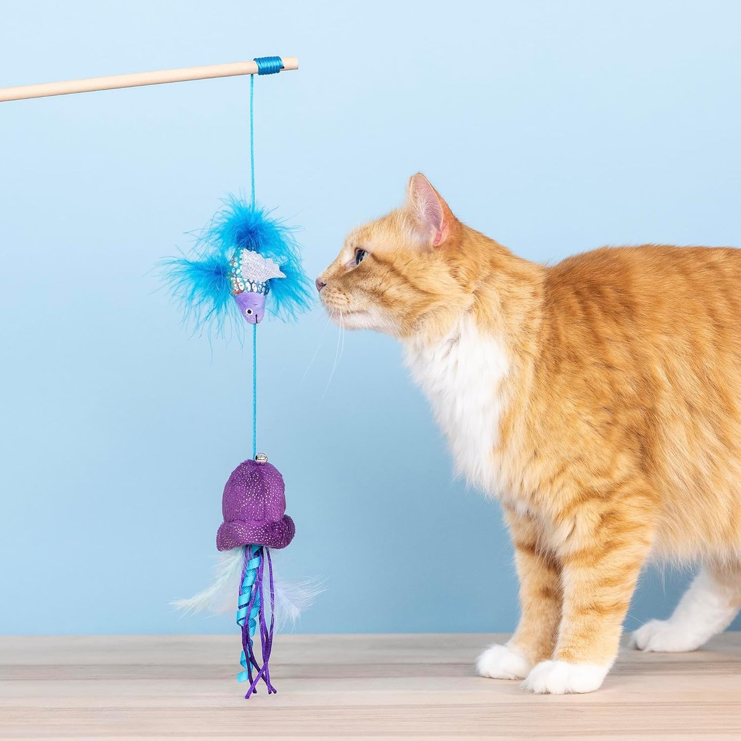 Ocean-Themed Catnip Wand Toy | Dual Plush Toys with Feathers, Bell & Crinkle Paper | Interactive Cat Teaser with Wooden Handle